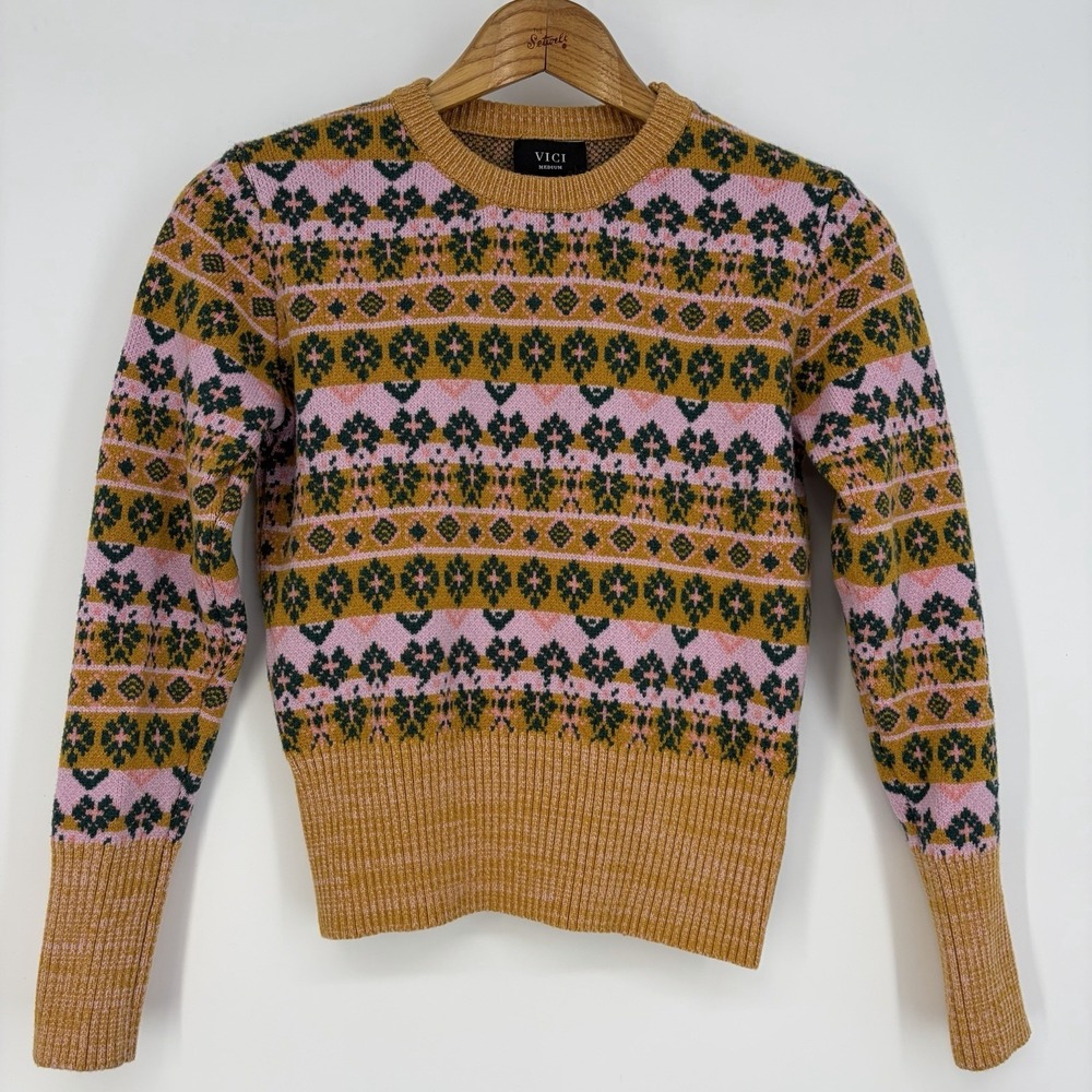 VICI Bubble Sleeve Striped Sweater M Pink Green Nordic Fair Isle Crop Retro Cozy